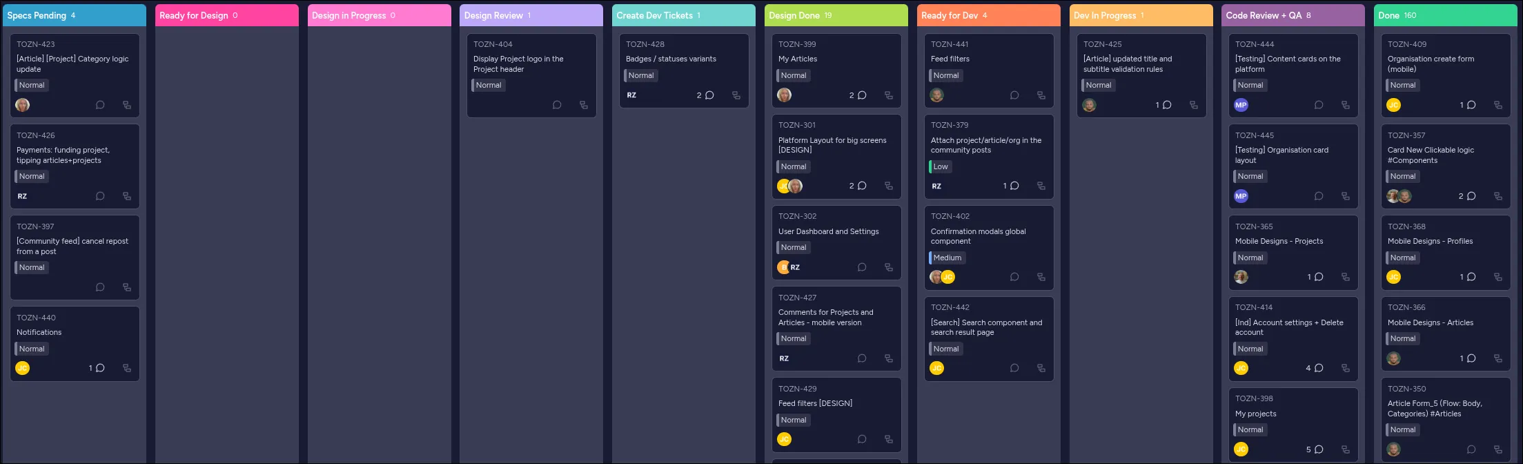 The OZEAON Tasks board on Monday, showing the design track and dev track columns